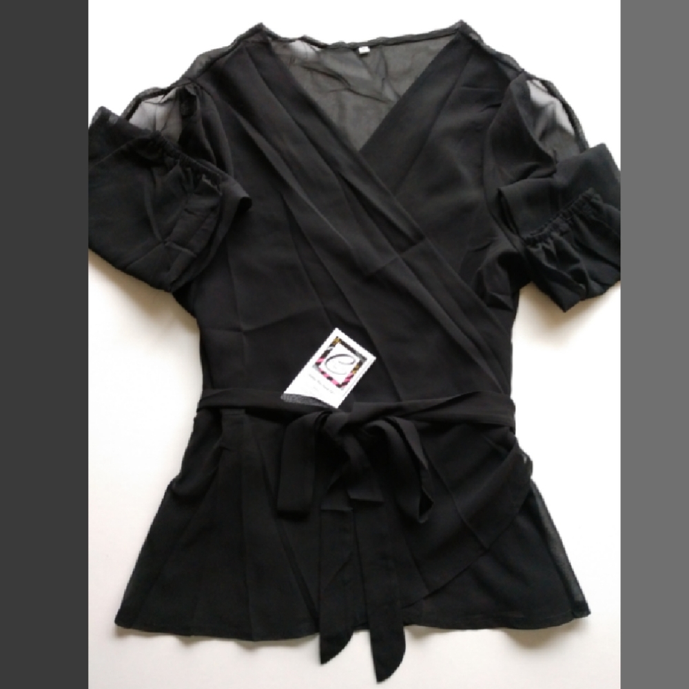 V-Neck, wrapped, sheer blouse with slit sleeves. - Picture 4 of 4